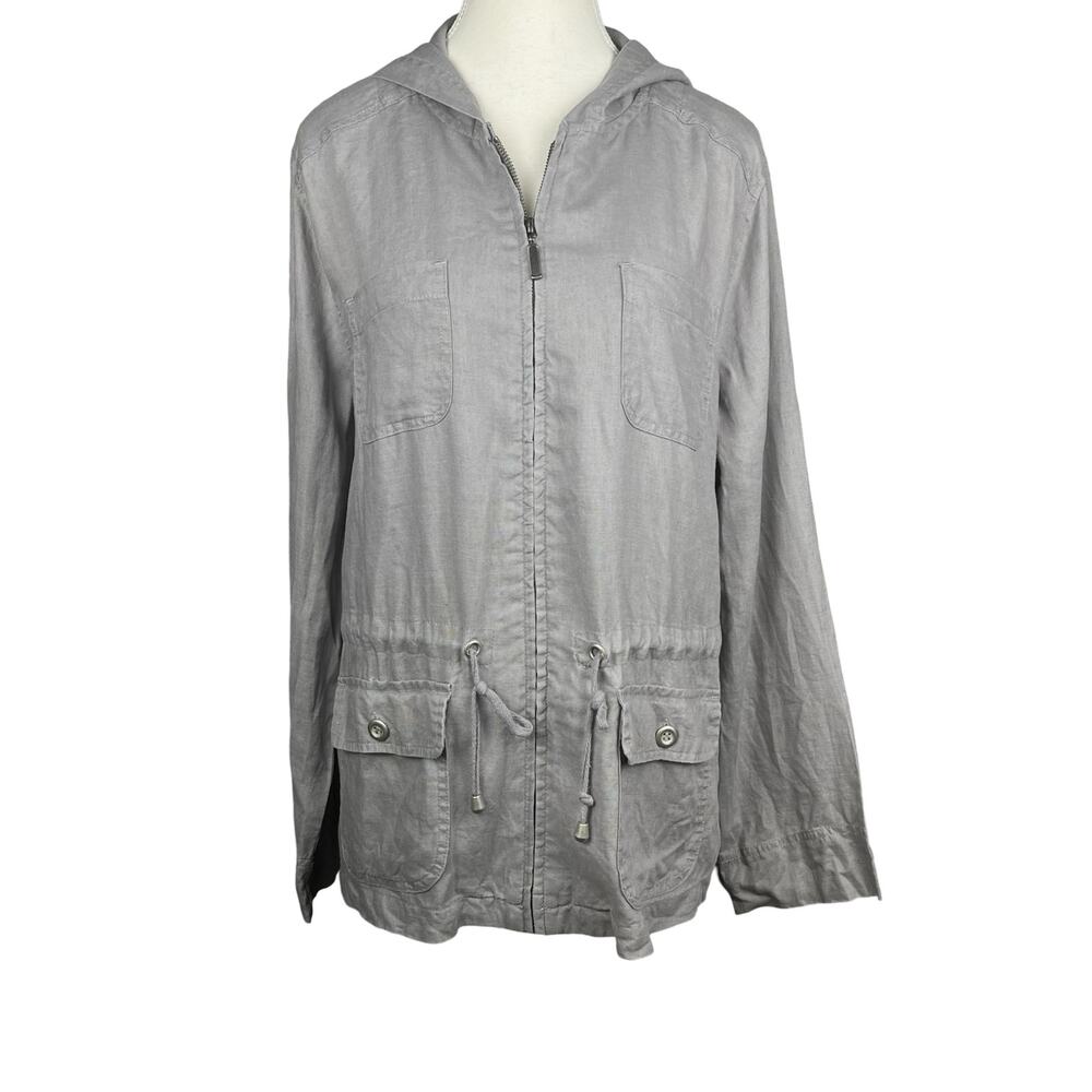 Linen Coat Womens Large Gray Hooded Jacket Lightweight Drawstring Casual Coat